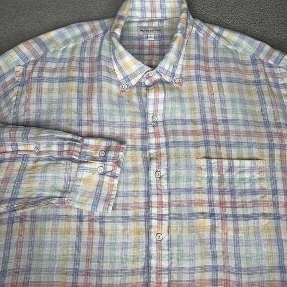 Peter Millar Shirt Mens Large Multi Plaid Linen Button Down Long Sleeve Casual - Picture 1 of 15
